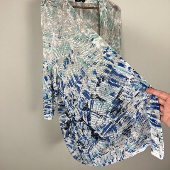 Nic+ Zoe Cardigan Sweater Womens 3X Blue White Linen Blend Open Knit 3/4 Sleeve - Picture 6 of 11